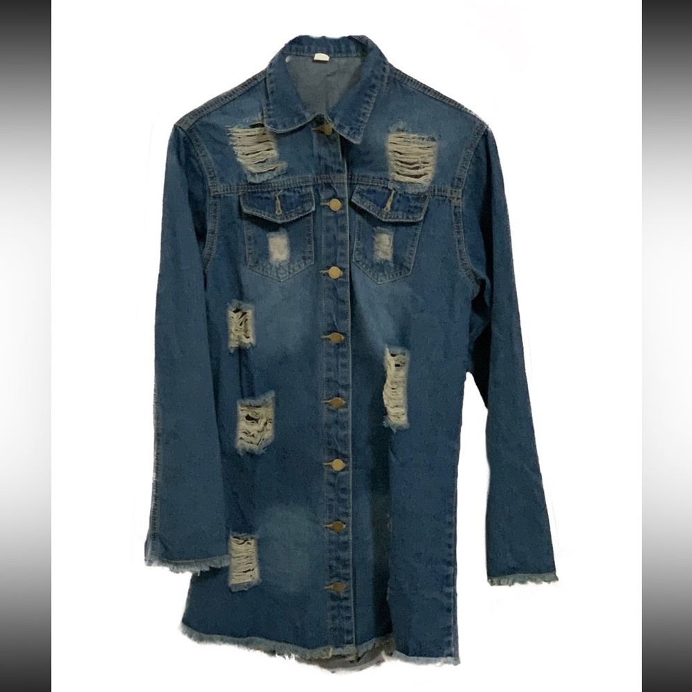 Distressed Denim Jacket Long - Jean - Picture 2 of 6
